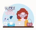 new normal lifestyle, work from home, woman with mask laptop and hand alcohol sanitizer cartoon