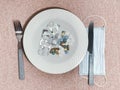 New normal - medical pills in a plate with a fork, a knife and a face mask on the table