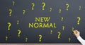 New normal and question mark concept on chalkboard. Normalization process after pandemic Royalty Free Stock Photo