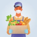 New normal, safe Food delivery concept. A young man delivering food items wearing mask and gloves for the safety service