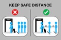 New normal social distancing covid. People staying in the line in the airport. Man keep distance queue at automatic ticket gate.