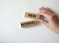 New normal symbol. Wooden blocks with words New normal. Beautiful white background. Businessman hand. Business and New normal Royalty Free Stock Photo