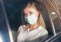 New normal. Teenager sitting in the back of a car with a mask. Young woman in a taxi protected by a mask. Road safety. Coronavirus