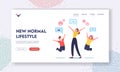 New Normals of Life Landing Page Template. Happy Characters Mother with Children Rejoice, People Wearing Funny Masks