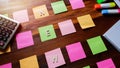 New.Notes paper share design planning. brainstorming brainstorm idea on desktop wood table Royalty Free Stock Photo