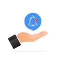 New notification bell icon with hand. Cartoon blue illustration. Flat vector illustration Royalty Free Stock Photo