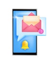 New notification icon vector alert illustration with notice bell, smartphone screen, opened envelope, chat bubble.