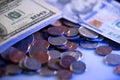 New and Old 100 Dollar bills on top of cent coins of United states federal reserve. USA Cash Royalty Free Stock Photo