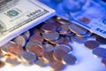 New and Old 100 Dollar bills on top of cent coins of United states federal reserve. USA Cash Royalty Free Stock Photo