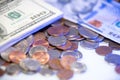 New and Old 100 Dollar bills on top of cent coins of United states federal reserve. USA Cash Royalty Free Stock Photo