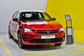 New Opel Vauxhall Corsa-e electric hatchback car showcased at the Brussels Autosalon European Motor Show.