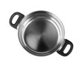 New open cooking pot isolated, empty metal saucepan, soup kitchenware, shiny stainless cooking pot top view