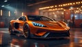 the new orange super car is parking on the luxury garage and warehouse