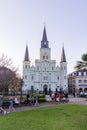 Tourists in Jackson Square in front of The Saint Louis Cathedral