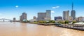 New Orleans city panorama from Mississippi River with business district skyscrapers and river promenade, Louisiana