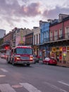 New Orleans, LA, USA. December 2019. A fire truck heads to a fire site on Decatur st