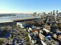 New Orleans, Louisiana, U.S.A - February 7, 2020 - The aerial view of the buildings on French Quarter and Mississippi River Royalty Free Stock Photo