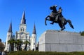 New Orleans, Louisiana, U.S.A - February 1, 2020 - The view of St Louis Cathedral and the statue of Andrew Jackson during the day