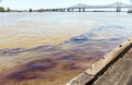 New Orleans, Louisiana/USA- April 12 2018: An oil spill of 4200 gallons flows down the Mississippi River toward the Gulf of Mexico