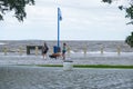 Couple with dogs wading through flooded Lakeshore Drive during Hurricane Sally