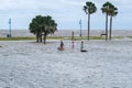 Woman, Man and Girl Wading Through Flooded Lakeshore Drive with Dogs During Hurricane Sally Royalty Free Stock Photo