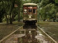 New Orleans streetcar reflected in rain puddle