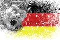 A new outbreak of viral infection at Germany, monkey pox. Head of statue God monkey Hanuman at German flag background