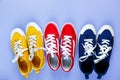 New pair of red and yellow, blue sneakers on violet background . Lifestyle sneaker