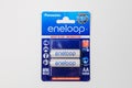 New Panasonic Eneloop rechargeable white AA batteries in a package on light background. October 16, 2022 Balti Moldova