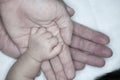 New parent holds his newborn infant baby`s hand for the first time. Parent holding newborns hand. Hand in hand. Parenthood. Mother Royalty Free Stock Photo