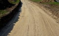 A new path through the fields. an excavator and a grader drove the way through a spade and rolled the topsoil into piles and a rec Royalty Free Stock Photo