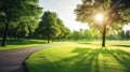 New pathway and beautiful trees track for running or walking and cycling relax in the park on green grass field on the Royalty Free Stock Photo