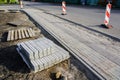 New pavement paving with integrated guidelines for people with visual impairment Royalty Free Stock Photo