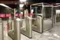 New pay gates with facial recognition system and duty cabin in entrance hall of Borisovo underground station. Royalty Free Stock Photo