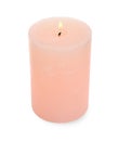 New pillar wax candle burning on white background Royalty Free Stock Photo