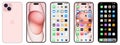 New pink Iphone 15. Apple inc. smartphone with ios 15. Locked screen, phone navigation page, home page with 47 popular apps. Black