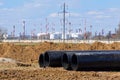 New pipeline of propylene DN 350 on the background of an oil ref Royalty Free Stock Photo