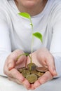 New plant sprouting from a hand with money Royalty Free Stock Photo