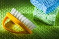 New plastic brushes kitchen sponge on washcloth Royalty Free Stock Photo