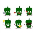 New poblano cartoon character with various types of business emoticons