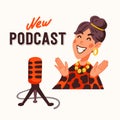 New podcast, Blogger girl, making content for a podcast vector illustration. Blogger or vlogger, cartoon female