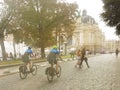 New police on bicycles patrols the center of the old town on Liberty Avenue near the Opera House. Security in the city and law en