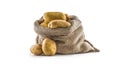 New potatoes in burlap sack isolated on white. Royalty Free Stock Photo