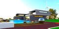 New private suburban mansion with swimming pool against the bright sunny sky. Wind turbine in on the background. 3d rendering