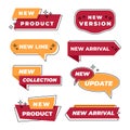 New product label tag collection. New arrival, new collection, new update stickers design colored in red and yellow Royalty Free Stock Photo