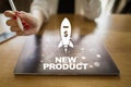 New product rocket launch button on virtual screen. Business development, Marketing and Advertising concept. Royalty Free Stock Photo