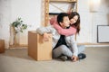 New property owners, young couple moving to new home, apartment, look happy Royalty Free Stock Photo