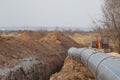 The new propylene pipeline DN 350 and DN 500 prepared for laying in a trench and for pumping oil and gas for an oil refinery