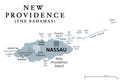 New Providence Island, gray political map, with Nassau, capital of The Bahamas