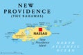New Providence Island, political map, with Nassau, the capital of The Bahamas